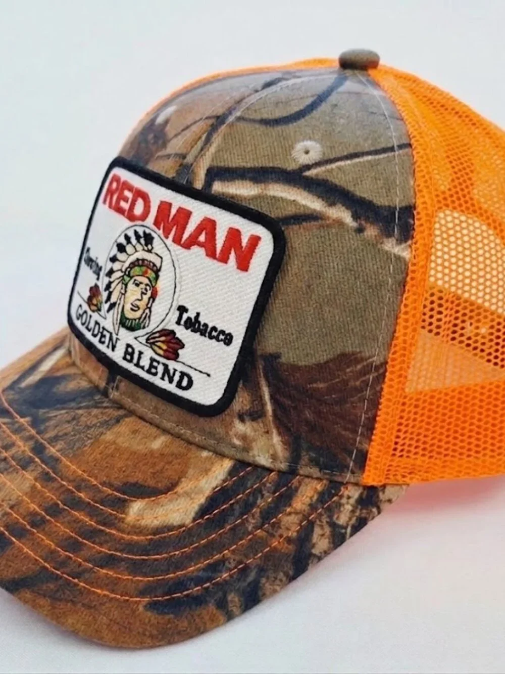 Red Man Tobacco Patch Camo Blaze Orange Trucker Snapback Hat Hunting Cap Chew